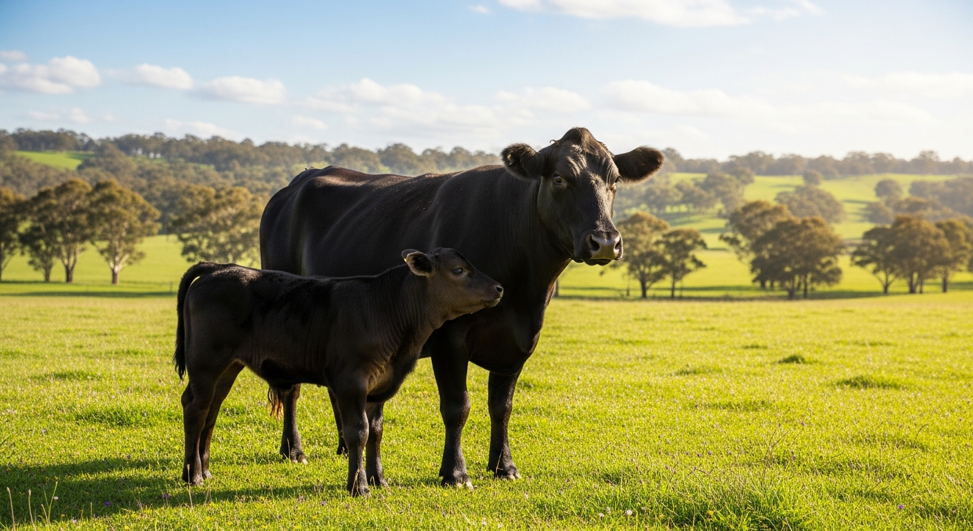Angus cow and calf in paddock
