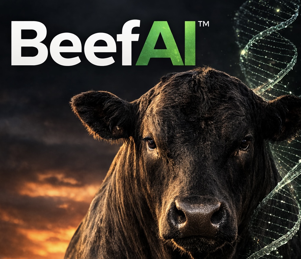 BeefAI — Angus bull with DNA helix